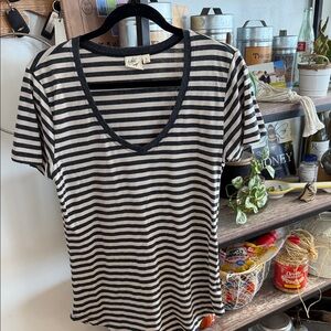 White Crow Black and White Striped V-Neck Tee